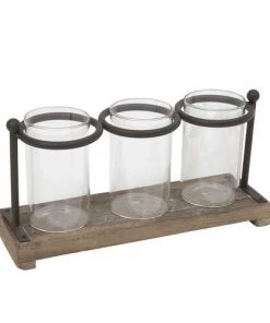 Enchanted Garden™ 12.2" Wood & Metal Base With 3 Glass Vases